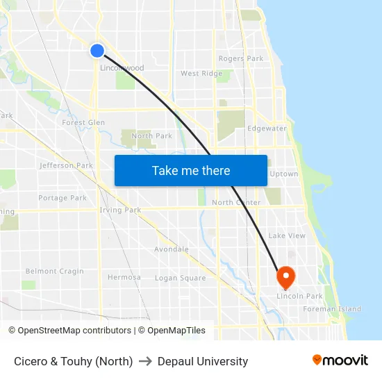 Cicero & Touhy (North) to Depaul University map