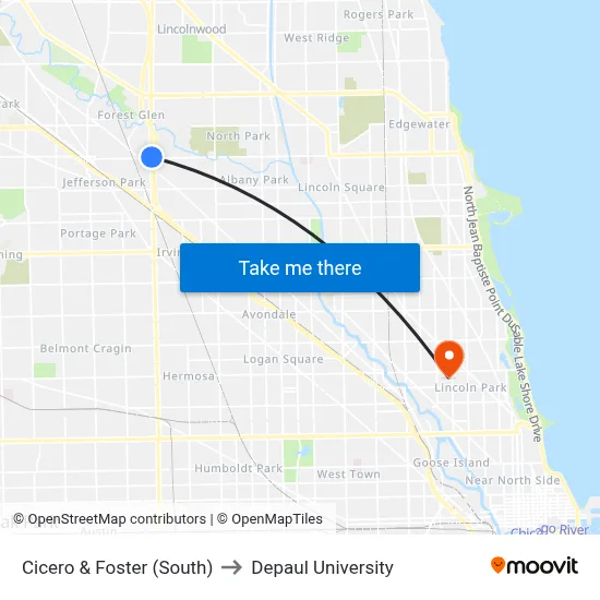 Cicero & Foster (South) to Depaul University map