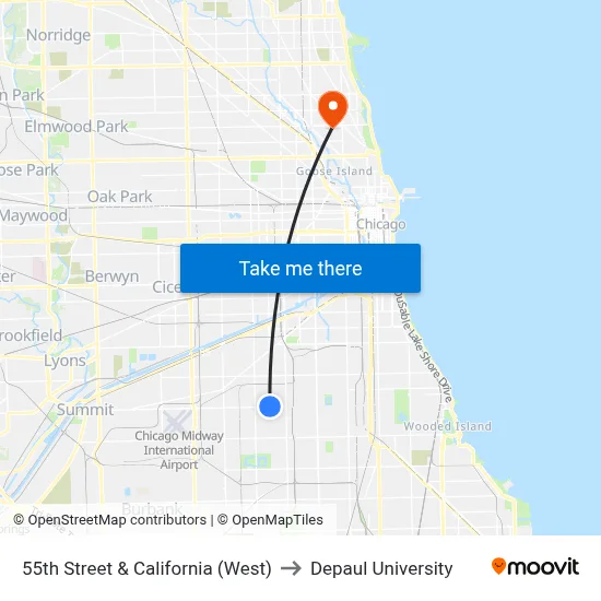 55th Street & California (West) to Depaul University map