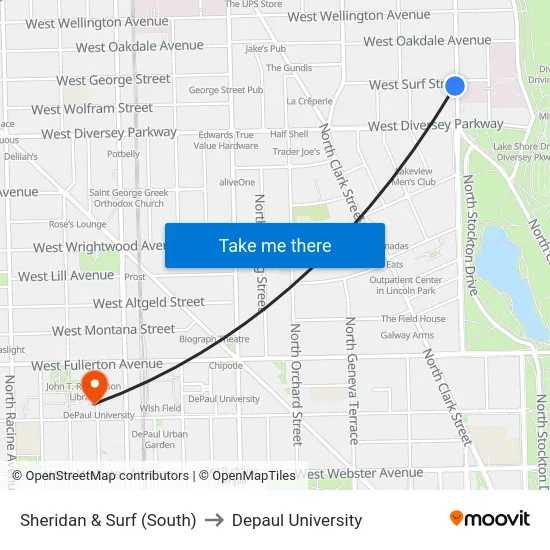 Sheridan & Surf (South) to Depaul University map