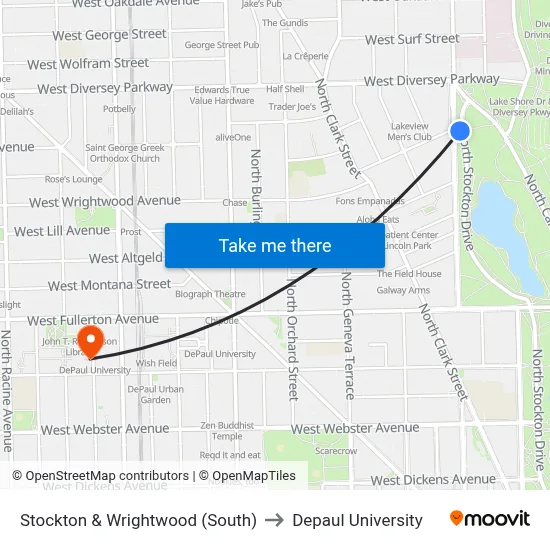 Stockton & Wrightwood (South) to Depaul University map