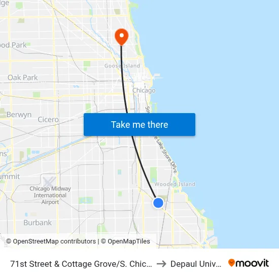 71st Street & Cottage Grove/S. Chicago (East) to Depaul University map