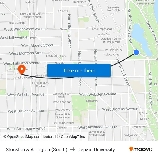 Stockton & Arlington (South) to Depaul University map