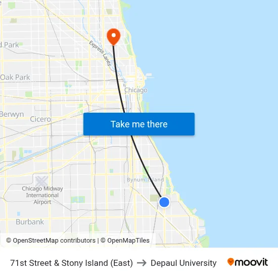 71st Street & Stony Island (East) to Depaul University map