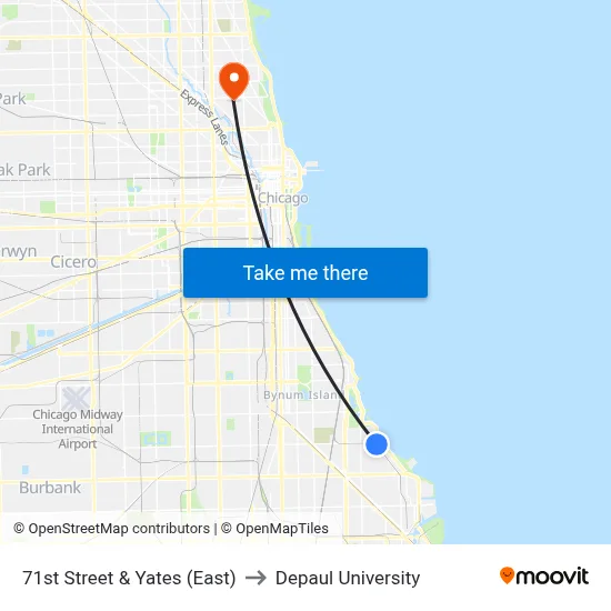 71st Street & Yates (East) to Depaul University map