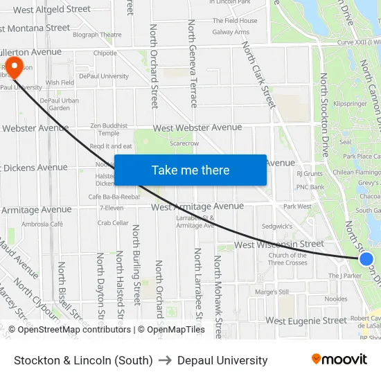 Stockton & Lincoln (South) to Depaul University map