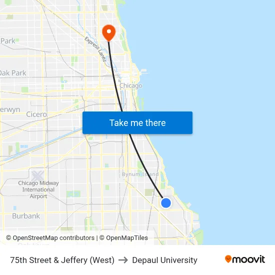 75th Street & Jeffery (West) to Depaul University map