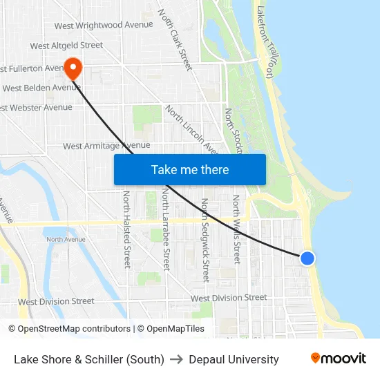 Lake Shore & Schiller (South) to Depaul University map