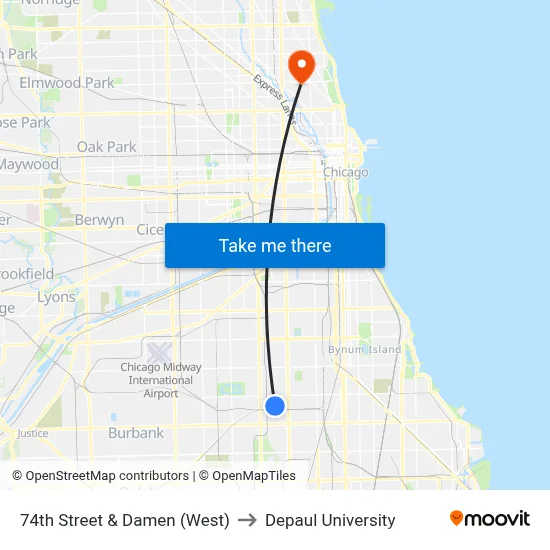 74th Street & Damen (West) to Depaul University map