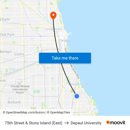 75th Street & Stony Island (East) to Depaul University map