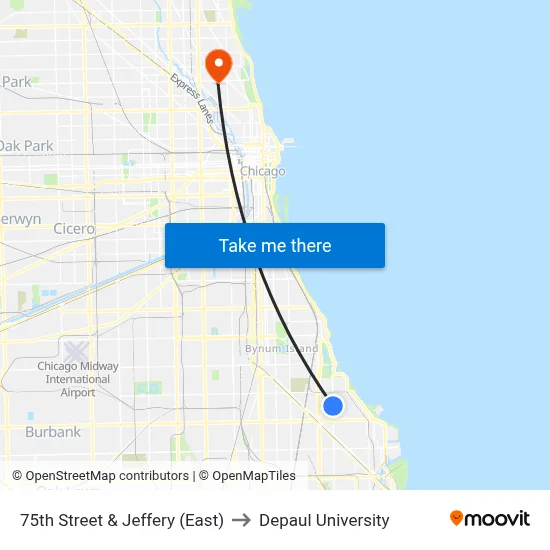 75th Street & Jeffery (East) to Depaul University map