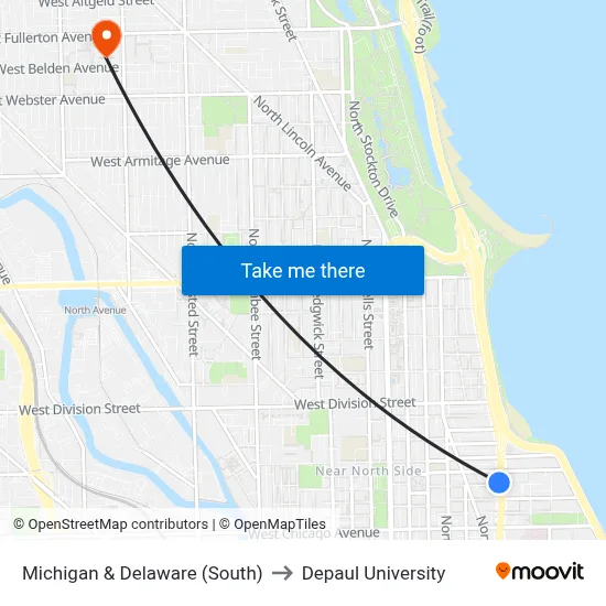 Michigan & Delaware (South) to Depaul University map