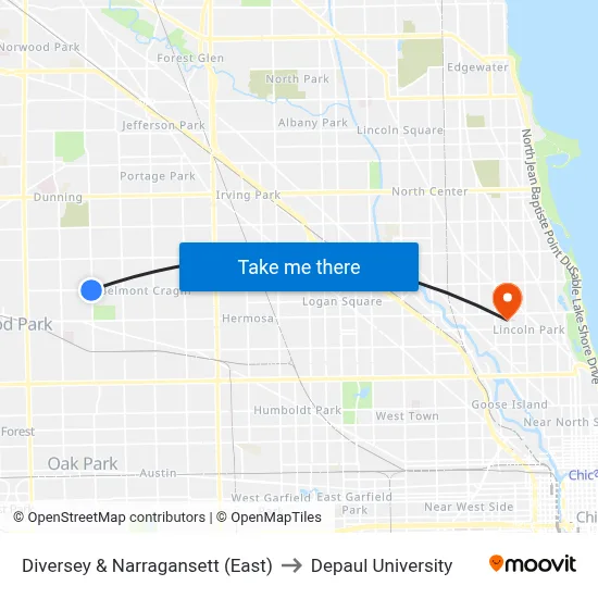 Diversey & Narragansett (East) to Depaul University map
