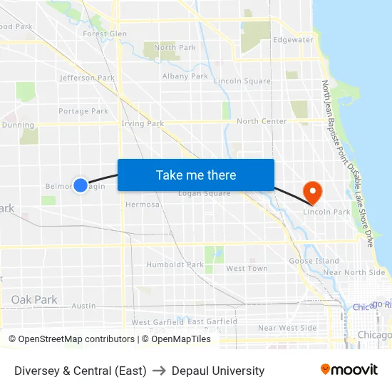 Diversey & Central (East) to Depaul University map