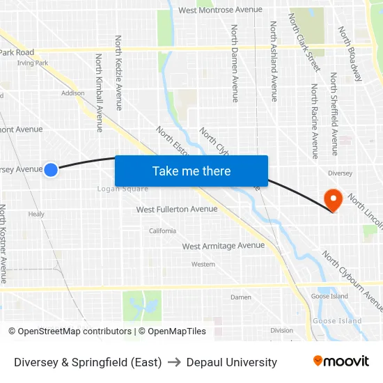 Diversey & Springfield (East) to Depaul University map