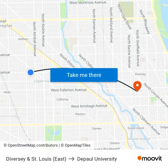 Diversey & St. Louis (East) to Depaul University map