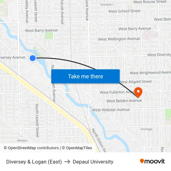 Diversey & Logan (East) to Depaul University map