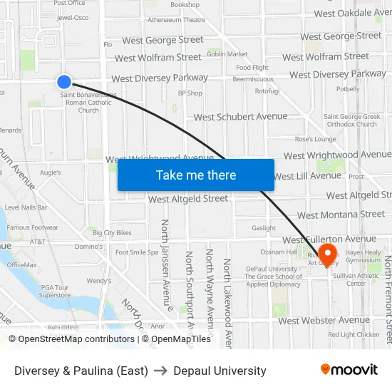 Diversey & Paulina (East) to Depaul University map