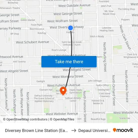 Diversey Brown Line Station (East) to Depaul University map