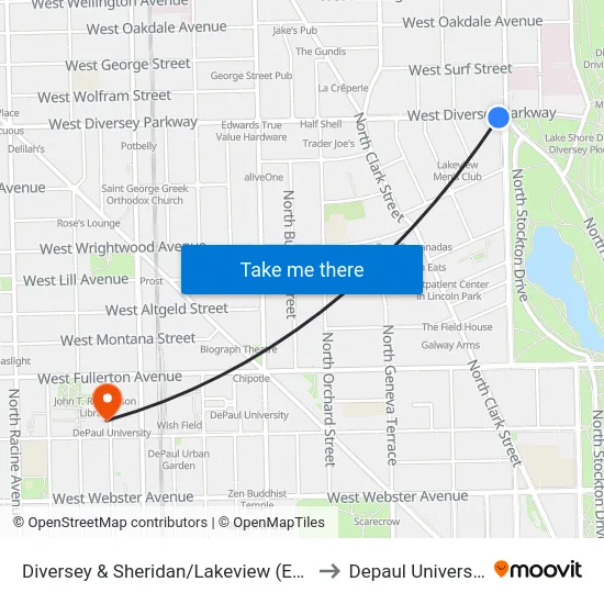 Diversey & Sheridan/Lakeview (East) to Depaul University map