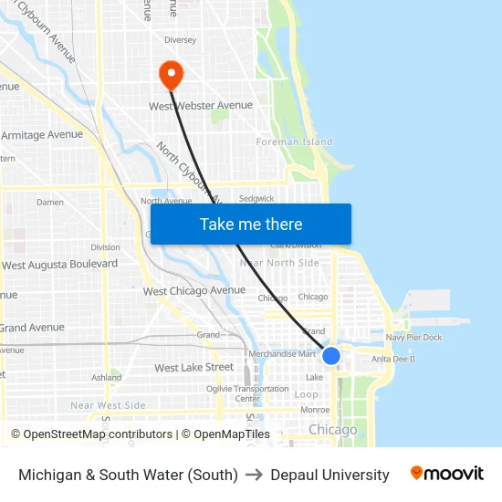 Michigan & South Water (South) to Depaul University map