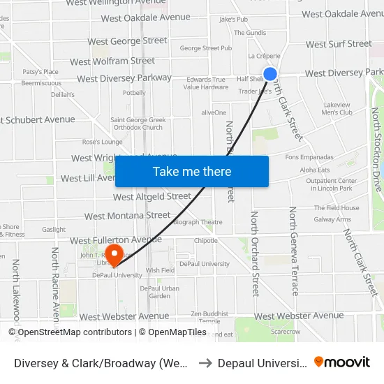 Diversey & Clark/Broadway (West) to Depaul University map