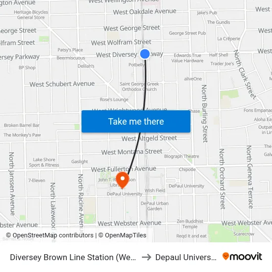 Diversey Brown Line Station (West) to Depaul University map