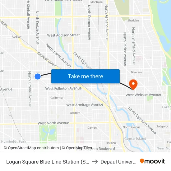 Logan Square Blue Line Station (South) to Depaul University map