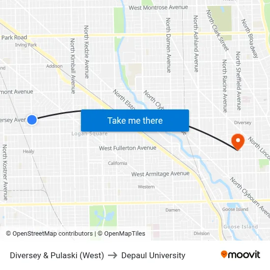 Diversey & Pulaski (West) to Depaul University map