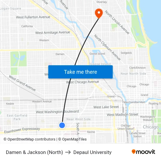 Damen & Jackson (North) to Depaul University map