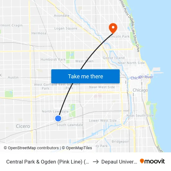 Central Park & Ogden (Pink Line) (South) to Depaul University map