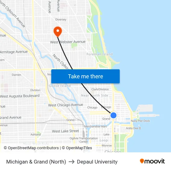 Michigan & Grand (North) to Depaul University map