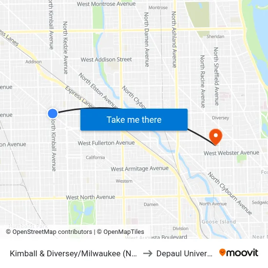 Kimball & Diversey/Milwaukee (North) to Depaul University map