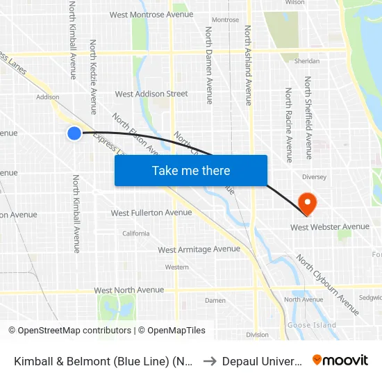 Kimball & Belmont (Blue Line) (North) to Depaul University map