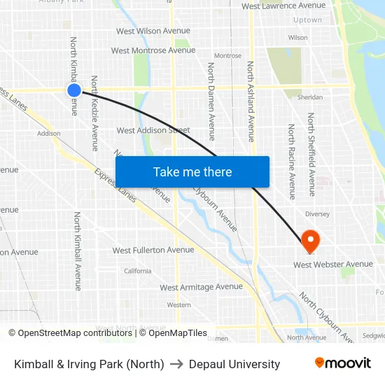 Kimball & Irving Park (North) to Depaul University map