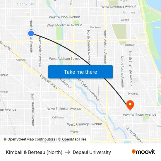 Kimball & Berteau (North) to Depaul University map