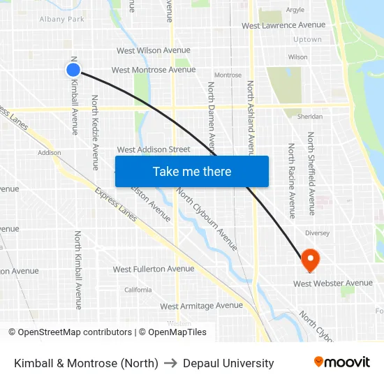 Kimball & Montrose (North) to Depaul University map
