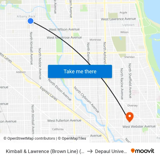 Kimball & Lawrence (Brown Line) (North) to Depaul University map