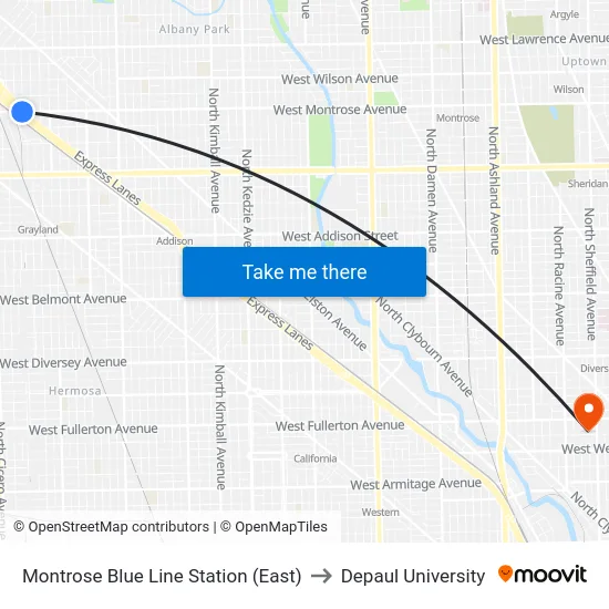 Montrose Blue Line Station (East) to Depaul University map