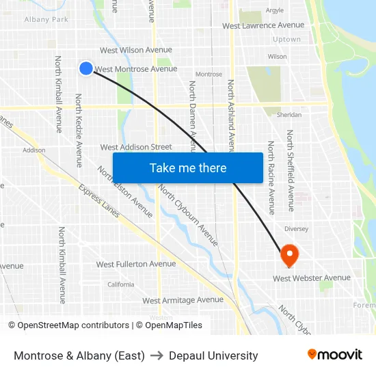 Montrose & Albany (East) to Depaul University map