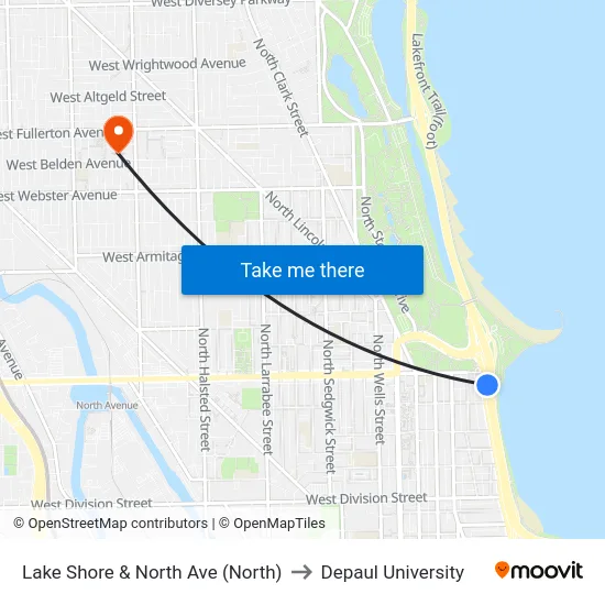 Lake Shore & North Ave (North) to Depaul University map