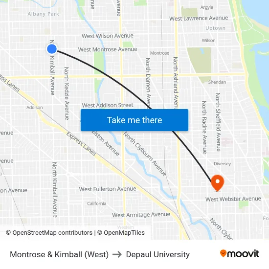 Montrose & Kimball (West) to Depaul University map