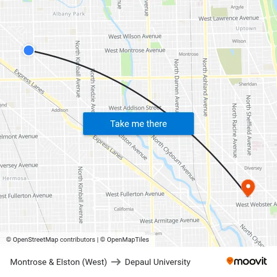 Montrose & Elston (West) to Depaul University map