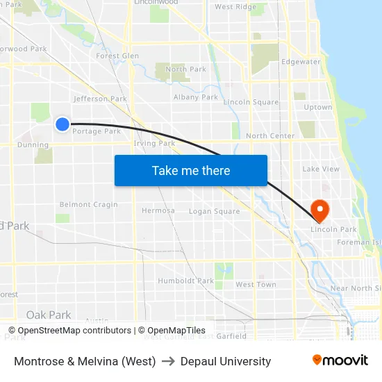 Montrose & Melvina (West) to Depaul University map