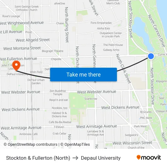 Stockton & Fullerton (North) to Depaul University map