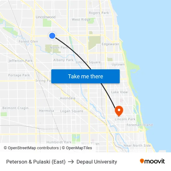 Peterson & Pulaski (East) to Depaul University map