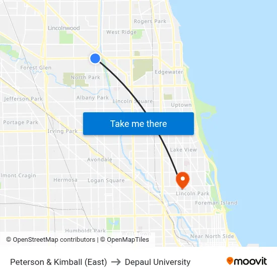 Peterson & Kimball (East) to Depaul University map