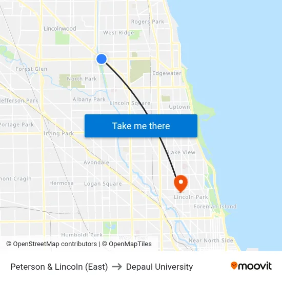 Peterson & Lincoln (East) to Depaul University map
