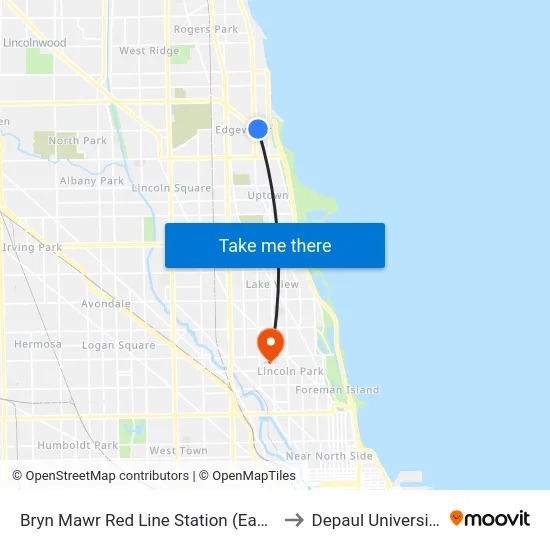 Bryn Mawr Red Line Station (East) to Depaul University map