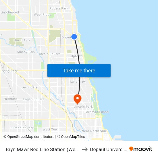 Bryn Mawr Red Line Station (West) to Depaul University map